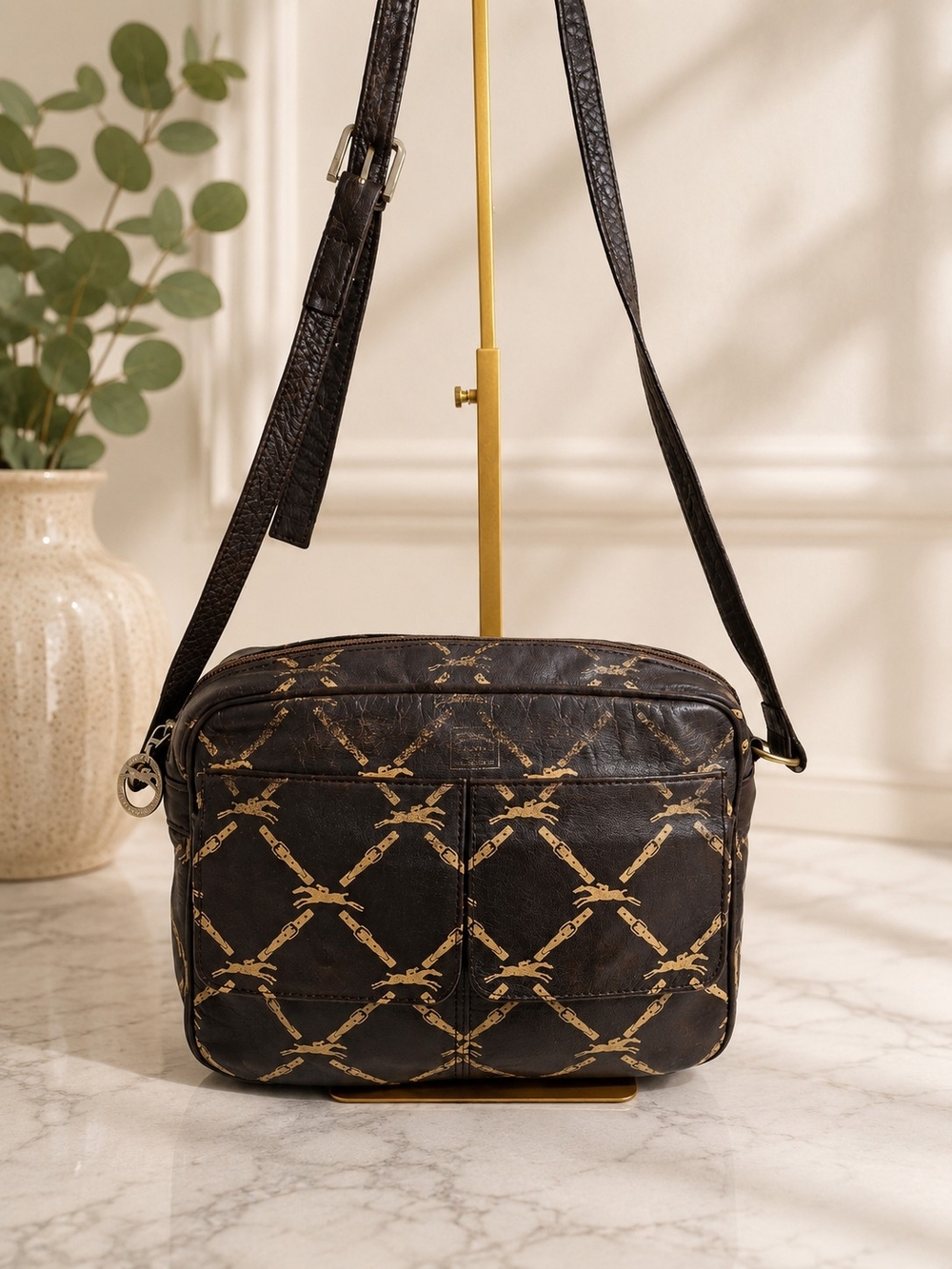 Longchamp Leather Horse Bridle Vintage Crossbody Bag Made in France 1980s
